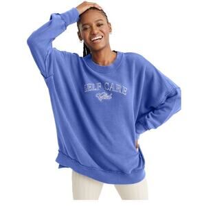 Aerie Self Care Club Oversized Pullover Graphic Sweatshirt Blue Periwinkle XS